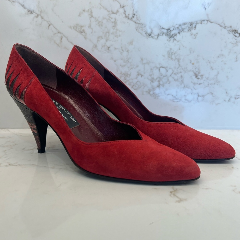 STUNNING! Vintage Stuart Weitzman For Mr. Seymour red suede & snakeskin heels